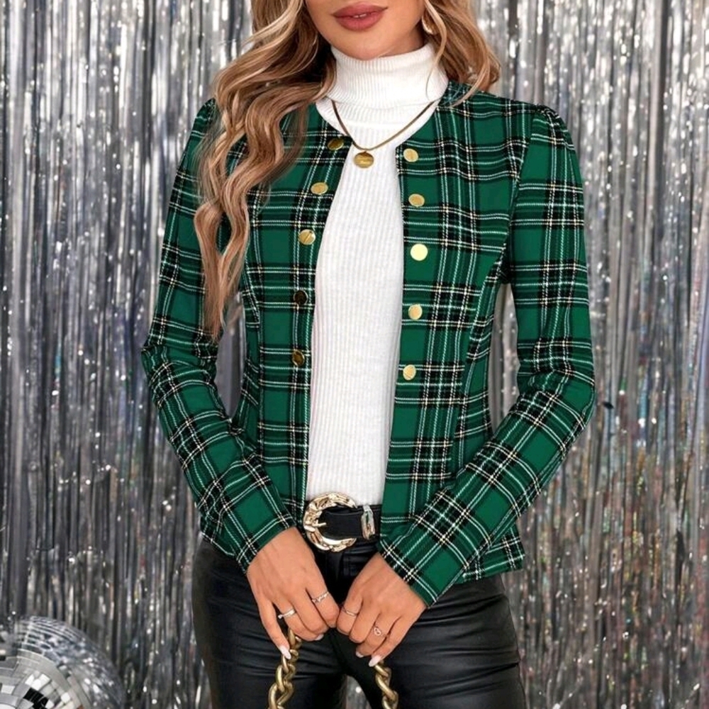 Green Plaid Blazer with Gold Buttons